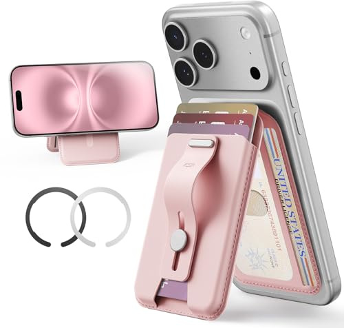 ESR Aura Portafoglio per MagSafe, RFID Blocco, Conserva 5 carte,Presa Sicura con Passante per le Dita, per iPhone 17/16/15/14/13/12, Google Pixel 10/10 Pro/10 Pro XL, Non per iPhone mini,Rosa