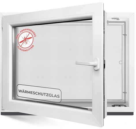 Kellerfenster 80x80 cm 2 fach Verglasung - Alle Größen Kunststofffenster 60mm Profil -Din Links- BxH: 800x800mm Perfekt für Fenster Gartenhaus, Garagenfenster, Hauskeller mit Dreh-Kipp System