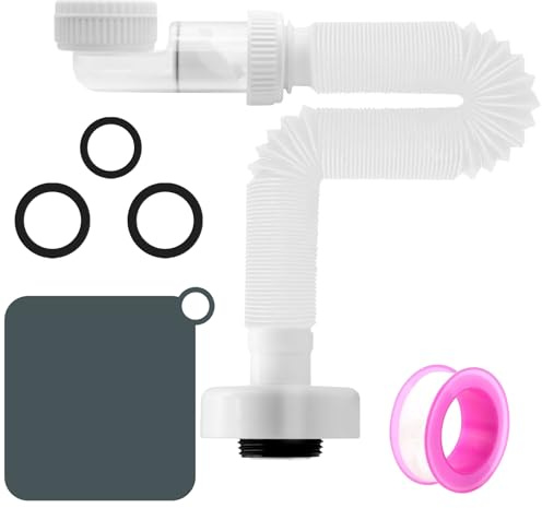 MSIHEY 1 1/4 Zoll Siphon, Raumsparsiphon, Raumsparsiphon Waschtisch, 360° Einstellbarer Siphon Waschbecken, Geruchsdichte Insektendrainage Kits, für Küchenspüle Waschmaschine Badezimmer (Weiß)