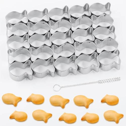 25 Stück Mini Fisch Ausstechform aus Edelstahl mit Reinigungsbürste, Goldfisch Keksausstecher für DIY Backen, Antihaft Teig, Kindergeburtstag, Meerestiere Kekse