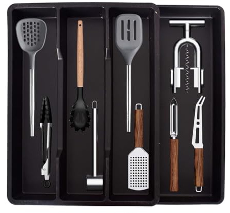 Disnace Organizador Extensible para Cubertería de Cocina - Bandeja Ajustable para Cajones de 30-43 cm,Gran Capacidad, Organizador Cubiertos para Cubiertos y Utensilios - Negro
