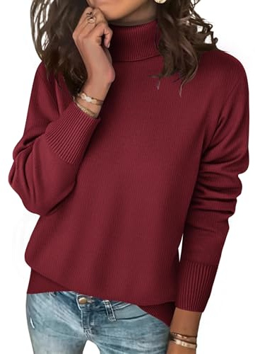 Zeagoo - Maglione da donna a collo alto, maglione elegante, maglione a maniche lunghe, maglione casual con scollo a tartaruga, lavorato a maglia, top per autunno e inverno, jumper, felpa, rosso vivo