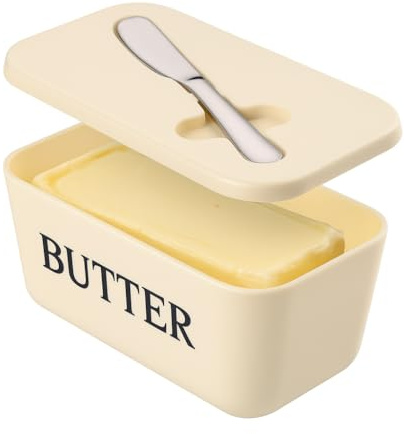 Butter Dish with Lid and Knife for Kitchen Coutertop,Food Grade PP Butter Holder with Cover and Stainless Steel Knife,Large White Butter Conainter