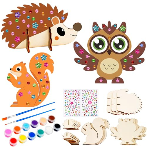 Moosono 9 Stück Holz Herbst Basteln für Kinder Igel Eule Eichhörnchen | 3D Waldtiere Bastelsets zum Bemalen Herbstdeko, Kreatives Basteln Kinder Herbst mit Pinsel, Diamantaufkleber, Farbe