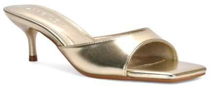 ESSEX GLAM Women's Square Toe Stiletto Kitten Heel Sandals Ladies Gold Metallic Slip On Heeled Mule Evening Party Shoes Size 3