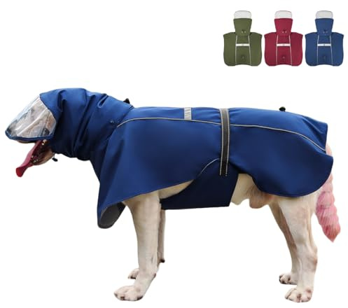 TBDMTOU Pet Dog Raincoat Jacket Large Dog Rain Poncho with Transparent Hood, Double-Layer Structure, Adjustable, Waterproof, and Reflective, Suitable for Medium to Large (Dark Blue, 3XL)
