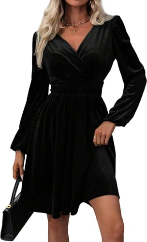 YUTILA Abito in Velluto da Donna con Scollo a V e Maniche Lunghe – Elegante Abito da Festa, da Cocktail, da Sera per Autunno & Inverno, Nero , S