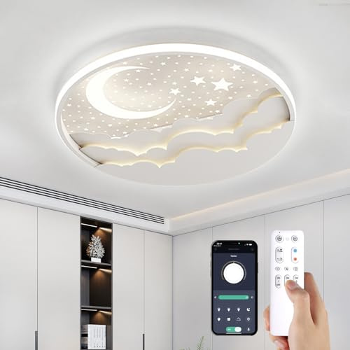 YZBEIMDAI LED Kinder Deckenlampe, 40cm Dimmbar Stern Mond Deckenleuchte Für Kinder mit Fernbedienung＆APP, mit Nachtlichtfunktion,Timer, Junge Mädchen Schlafzimmer,Weiß