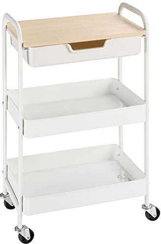 HOMCOM Rollwagen mit 3 Ebenen, Servierwagen mit Griff, Küchenregal auf Rollen mit Ablage, Schublade, 2 Regalen, Küchenwagen, Küchenrollwagen für Küche, Bad, Wohnzimmer, Büro, Weiß