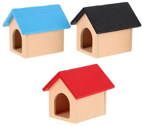 WOONEKY 3 Pezzi Casetta per Cani in Miniatura in Legno Resistente da Rosso Blu Nero Accessori per Casa delle Bambole e Scenografia Giardino Educazione alla Cura degli Animali