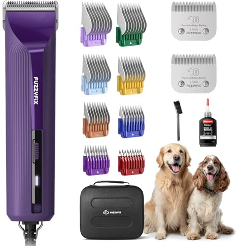 FuzzyFix Professional Dog Grooming Clippers Corded,2-Speed 10ft Cord, Runs Cool & Quiet, Anti-Slip Shatter-Proof Housing for All Coat Types,with Detachable Blade and Metal Comb Guides