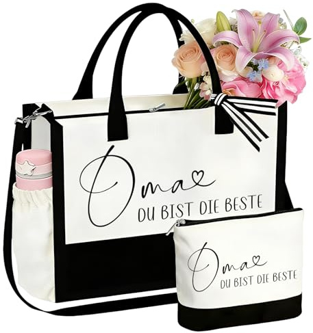 Ysound Oma Geschenke Damen Canvas Tragetasche mit Kosmetiktasche, Baumwolltasche Canvas Tote Bag für Großmutter, Einkaufstasche als Geburtstagsgeschenk, Geschenk für Oma zum Geburtstag, Muttertag