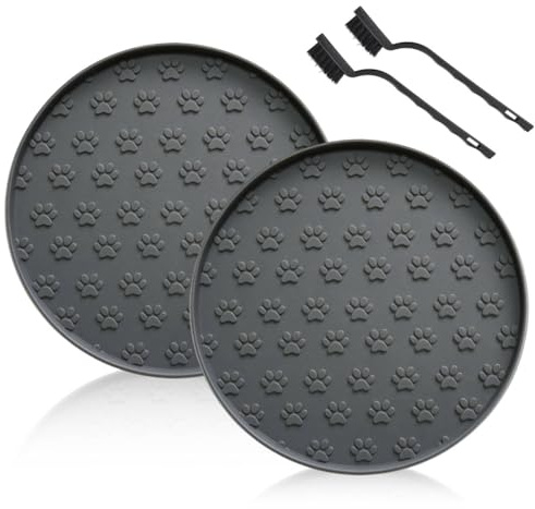 2Pcs Napfunterlage Katzen, Rund Napfunterlage Hund 27x27x1cm Hundenapf Unterlage mit Rand, rutschfeste Katzenmatte Futter mit 2Pcs Nylonbürste für Mittlere und Kleine Haustiere
