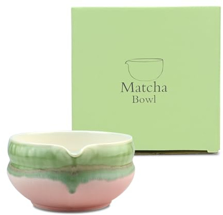 Matcha Schale aus Keramik mit Ausgießer, Japanische Matcha-Tee-Rührschüssel mit Geschenkbox, Handgefertigt Aquarell, Teeschale für Teezeremonien und Matcha-Zubereitung für Büro, Teestube, Grün/Rosa