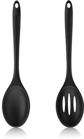 2 Pcs Silicone Serving Spoon Set, Black Silicone Serving Spoon & Slotted Spoon, Nonstick Kitchen Spoon Heat-Resistant Cooking Spoons for Stirring, Scooping, Draining and Mixing, Durable Nylon Core
