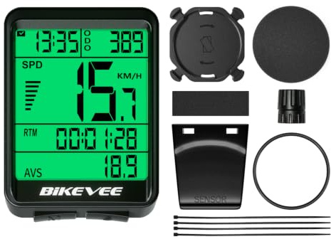 Bikevee Compteur de vélo sans Fil IPX6 Auto Start/Stop rétroéclairage Vert | compteur velo avec capteur radio Vitesse, distance, temps avec capteur radio-Pour VTT et vélo de course