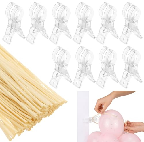 AULSAM 10 stycken ballongbågeklämmor med 100 ballonger, 9 cm transparenta plastfjäderklämmor, osynlig design, fjäderklämmor för pysselarbeten, ballongbågar, födelsedagsfest