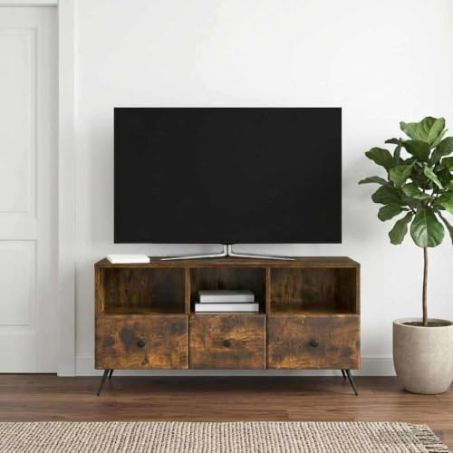 Boltkex TV-skåp rökt ek av trämaterial, 102 x 34,5 x 50 cm, med 3 lådor och kabelgenomföring för TV-skåp, lågboard, mediamöbler, vardagsrum ordning