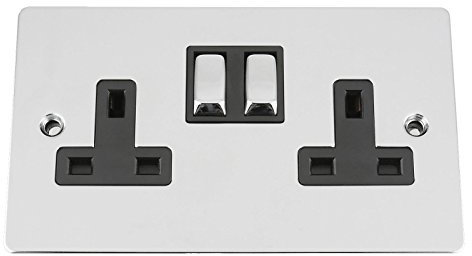 Wall Double Plug Socket 2 Gang 13A -Polished Chrome -Flat -Black Insert -Metal Rocker Switch