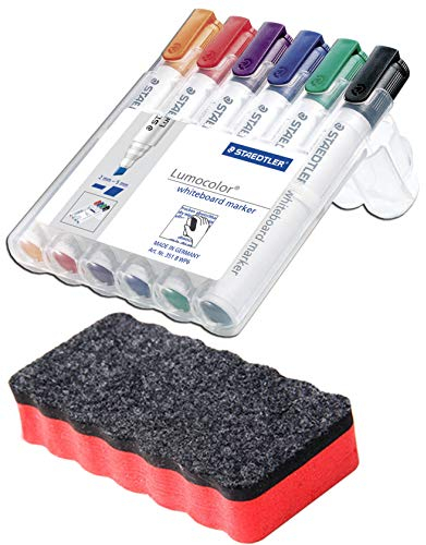 Staedtler 351 B WP6 Lumocolor Whiteboard Marker, Keilspitze, aufstellbare Box mit 6 Farben / Kombi-Set (Marker + Löscher, mit rotem Löscher)