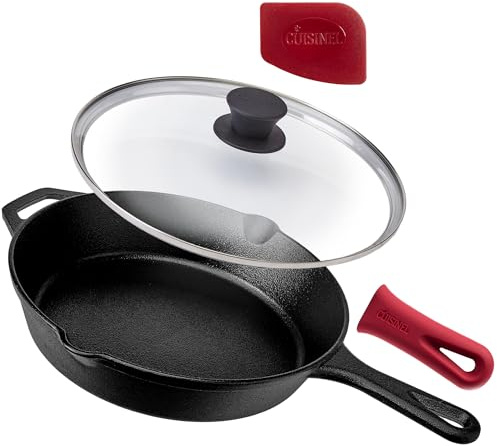 Cuisinel Cast Iron Skillet with Lid - 10-Inch Pre-Seasoned Frying Pan + Glass Cover + Heat-Resistant Handle Holder - Indoor/Outdoor Use - Grill, Stove, Camp Firepit, Induction - Oven Safe Cookware