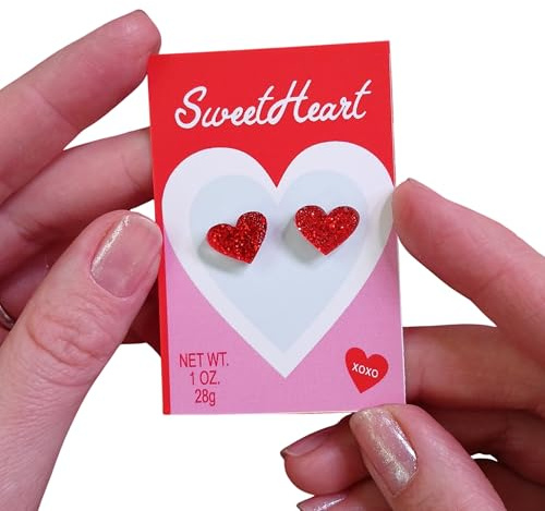 Sparkly Red Glitter Heart Stud Earrings with Hypoallergenic Nickel Free Titanium Posts, Romantic Minimalist Valentine's Gift
