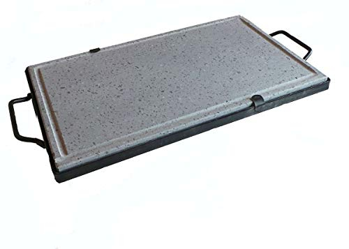 Sartén de piedra natural con marco y asas de metal para barbacoa, parrilla de lava, ideal para cocina dietética de carne y verduras pescado (40 x 60 x 2 cm)