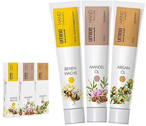 UMIDO 3 Stück Set Hand-Lotion Set 45 ml | 1x Bienenwachs | 1x Mandelöl | 1x Arganöl | Handcreme | Pflegecreme | Hand-Pflege | Handcreme Set