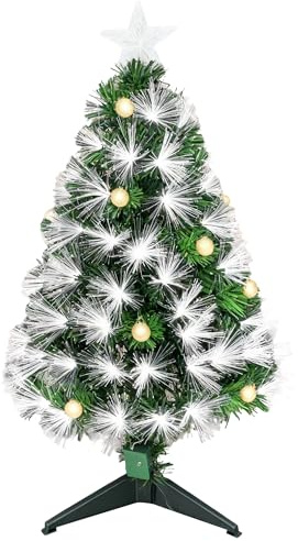 HOMCOM Albero di Natale Artificiale 90cm con Luci Incorporate e 90 Rami, Albero di Natale con Luci a LED e Fibre Ottiche, Base Pieghevole Rimovibile