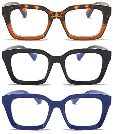 MMOWW 3-Pack Oversized Reading Glasses for Women - Anti Blue Light Glasses with Square Frame +3.0