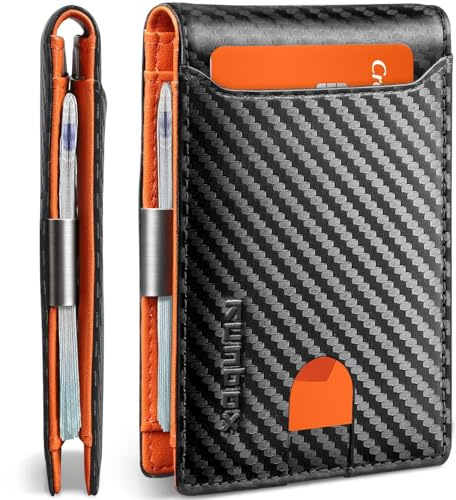 RUNBOX Mens Slim Wallet with Money Clip RFID Blocking Front Pocket Bifold Minimalist Credit Card Holder for Men with Gift Box, Carbon Black&Orange, M, Minimalist