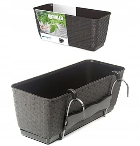R.G. Blumenkasten Balkonkasten Blumentopf Rattan Optik Aufhängung 59cm Pflanzkasten Geländer Kasten Anthrazit