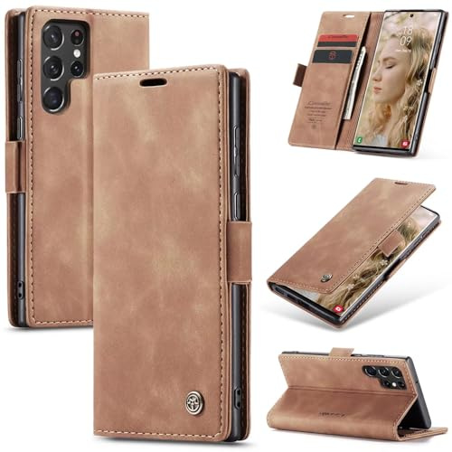 SLWYF Handyhülle für Samsung Galaxy S22 Ultra Hülle Premium Lederhülle Klappbar Flip Case Tasche Magnet Kartenfach Standfunktion Klapphülle Schutzhülle für Samsung Galaxy S22 Ultra, Braun