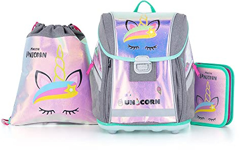 SCOOLSTAR Einhorn Schulranzen Mädchen 1 Klasse Tornister Set 3 TLG. für Grundschule super leicht inkl. Federmäppchen und Sportbeutel