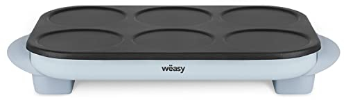Weasy GOO60 Maquina de Crepes Party, Crepes y Pancakes, 6 Compartimentos, Placa Antiadherente, Celeste, 1500w, 6 Espatulas Madera