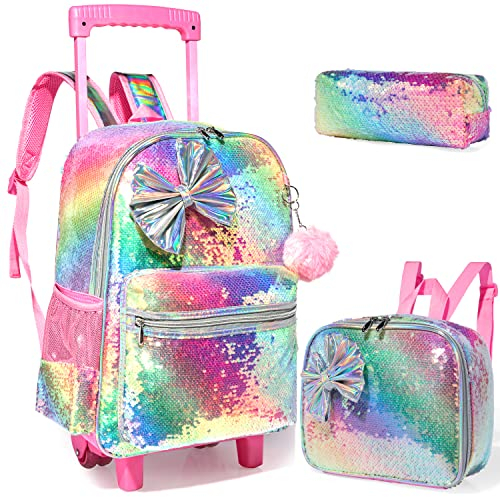 Rucksack Mädchen Schulranzen Trolley Schulrucksack Mädchen Grundschulkinder Essensbeutel und Federmäppchen Liebe 3PCS Kinder Schultrolley Geeignet für Schule und Reise, Rosa-bd