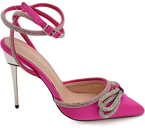 Malu Shoes Decollete' Donna Gioiello Elegante Fiocco Strass in Raso Fucsia con Tacco a Spillo 120 e Cinturino Scintillante Moda (40 EU)