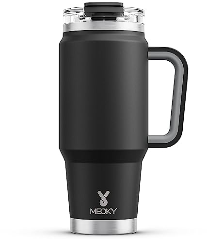 Meoky 32 oz Tumbler with Handle, Insulated Tumbler with Lid and Straw, Stainless Steel Travel Mug, Keeps Cold for 24 Hours, 100% Leak Proof, Fits in Car Cup Holder (Night)