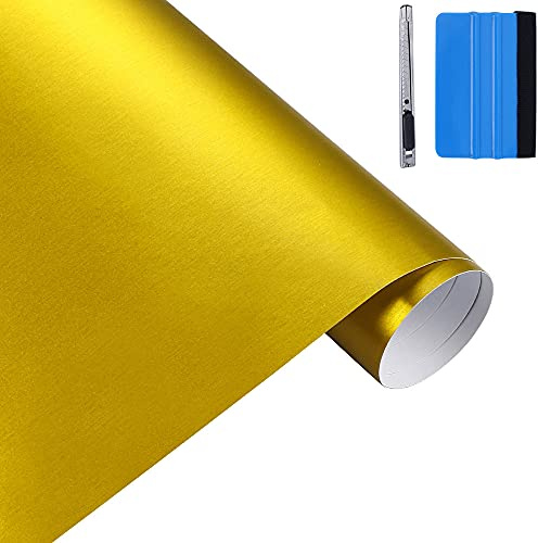 NewL Matt-Gebürst.-Edelstahl Chrom-Metallic Autofolie Gold 5x900 cm | Satin-Gebürst.-Optik, Montagewerkz. inkl., Luftablass-Technik, dehnbar, neu positionierb. Kleber, für Motor Laptop Möbel