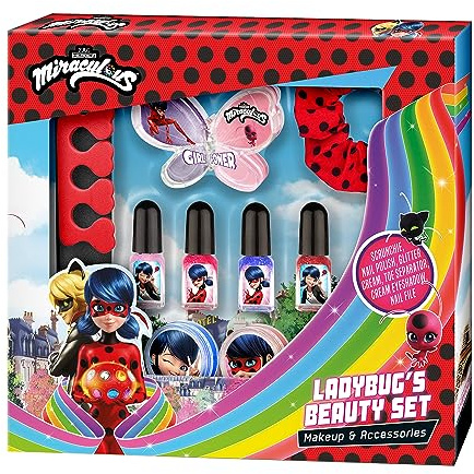 KTN Miraculous - Ladybug's Beauty Set, Kosmetik Set für Kinder, inkl. Nagellack, Glitzercreme, Lidschatten, Haarband, Nagelfeile und Zehentrenner