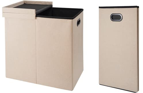 Zedelmaier 115L Doppel-Wäschekorb mit Deckel, Innenfächern,und abnehmbaren Wäschesäcke Faltbar,Schmutziger Kleiderkorb,Schlafsaal, Raumaufbewahrung für Schlafzimmer, Badezimmer (Beige)