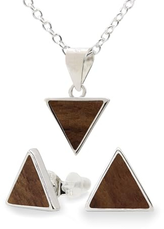 NaturSchatulle Holzschmuck Set Ohrringe Halskette Dreieck 9mm Damen Holzohrringe 925 Silber Nussbaum Holz Ohrstecker Schmuck