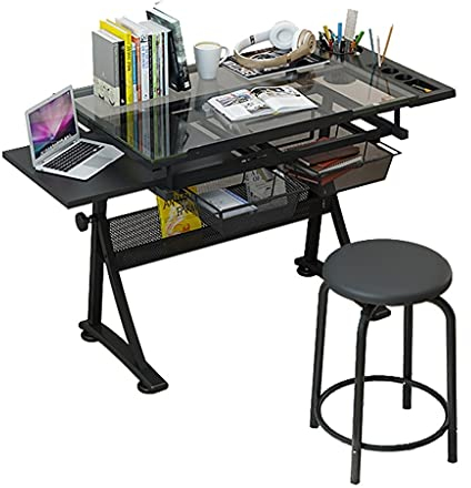 Aioneer Verstellbarer Zeichentisch aus Glas, vielseitiger Kunststudientisch, mit Aufbewahrungsschubladen, Art Studio Design Skizzier- und Malarbeitsplatz