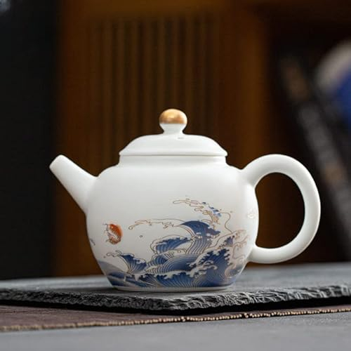 kaixiaochai Tetera de cerámica Tetera de Porcelana Tetera con infusor de té Tetera pequeña Tetera con infusor Tetera con colador Teteras para Juego de té (Wave Fish - Tetera)