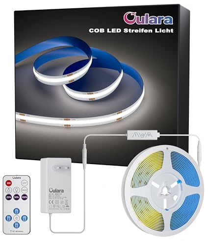 OULARA COB LED Streifen 6M KaltesWeiß 6000K,Dimmbar 24V Flexibel LED Strip light Set mit RF Fernbedienung und Netzteil,CRI90+ Hell Unterbauleuchte für Home DIY Dekoration,Timerfunktion