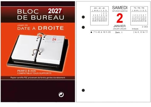Calendrier 2027 Bloc Éphéméride de Bureau - Date à Droite - RdV à Gauche | Feuillets détachables, planification quotidienne, consultation rapide