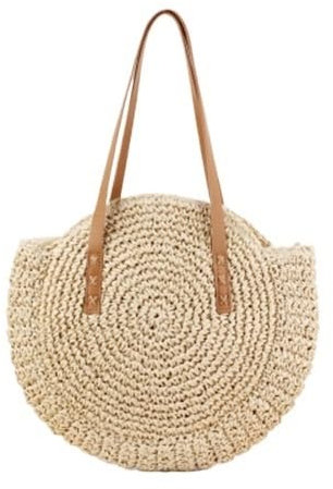Korbtaschen Damen Runde Strohtaschen for Damen, Sommer-Rattan-Tasche, einfacher Stil, handgefertigt, gewebt, Strand-Stricktasche, Kreis, Böhmen, Handtasche, Bali Basttaschen Damen Sommer(Beige)