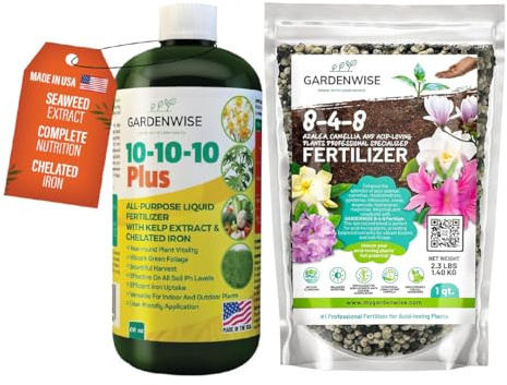 GARDENWISE 10-10-10 Fertilizer & 8-4-8 Acidic Fertilizer Bundle for All Plants - Liquid Fertilizer with Seaweed Kelp & Iron - Acidic Fertilizer for Hydrangeas, Blueberries, Evergreens (8oz & 1 Qt)