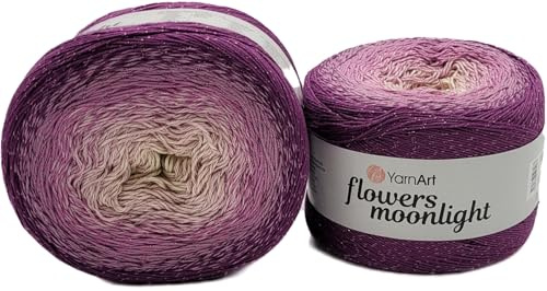 2 x 260 Gramm Ilkadim Export Flowers Moonlight Bobbel Wolle mit Glitzer und Farbverlauf, 53% Baumwolle, 520g Bobble Strickwolle Mehrfarbig (lila flieder creme 3290)