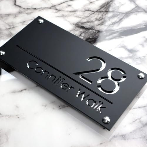 Lasergeschnittenes Acryl-Hausnummernschild, benutzerdefinierte Adressschilder für Häuser, Acryl-Nummernschild, Türschild, personalisiertes Hausnummernschild (schwarz (silberner Text))